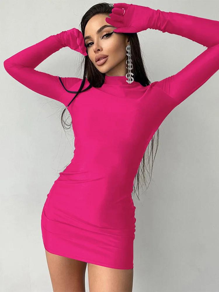 Mini robe moulante à manches longues avec gants, couleur unie, Sexy, Streetwear, tenue de fête, demi