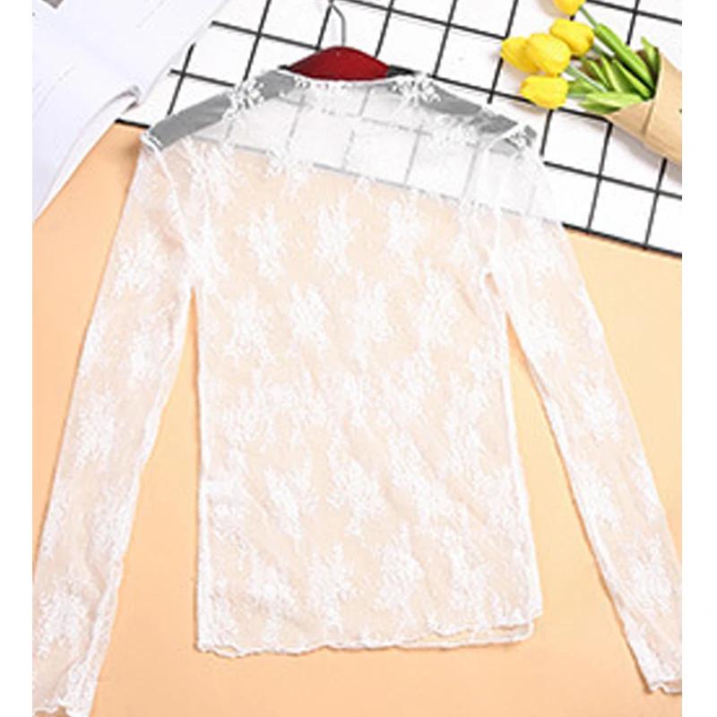 Chemisier à fond en dentelle pour femmes, T-shirt à manches longues en maille, haut court, Style étr