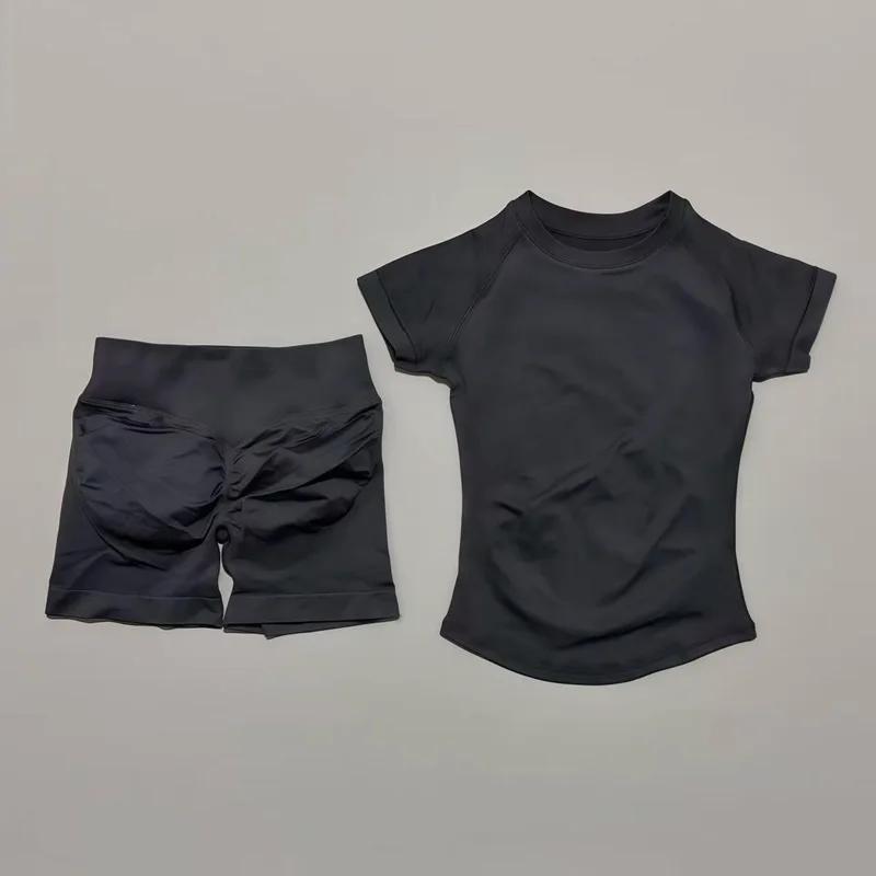 Ensemble de sport 2 pièces HISTELLO Df couleur unie, tenue de yoga sans couture à manches courtes po