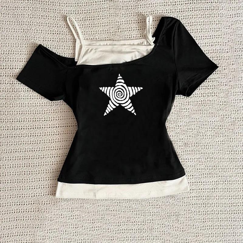T-Shirt décontracté pour femmes, Harajuku 2025, Streetwear rétro Y2K, col licou imprimé, faux ensemb