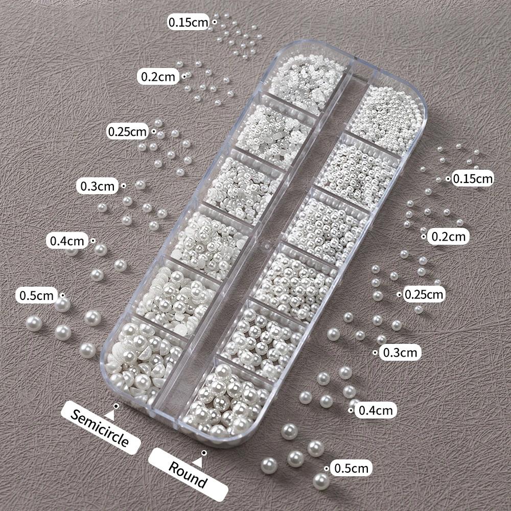 12 grilles mixtes de perles blanches pour ongles, breloques rondes ou demi-cercles 3D, strass pour N