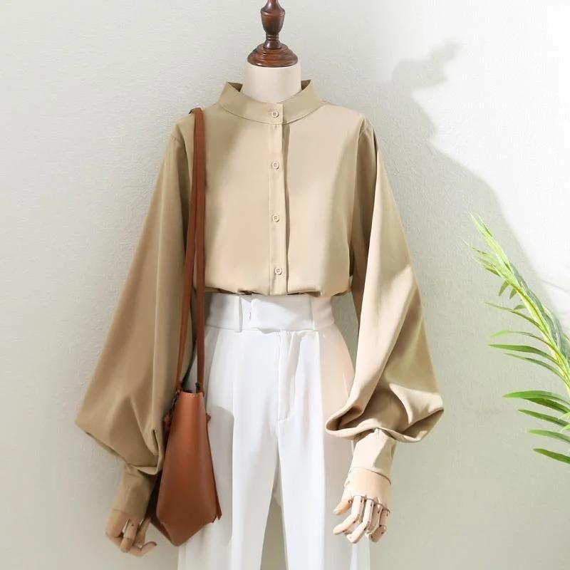 Chemise à manches longues lanterne pour femme, chemisiers de style printemps et automne, col montant