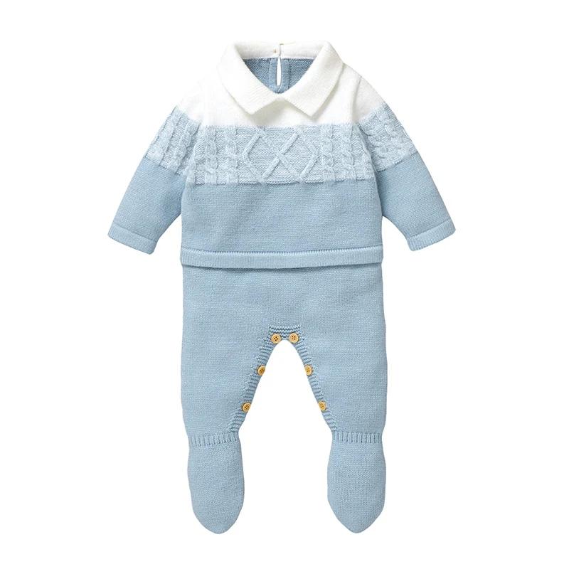 Barboteuse Bergame en Tricot Doux pour Bébé Garçon de 0 à 18 Mois, Combinaison à Manches sulfet Col 
