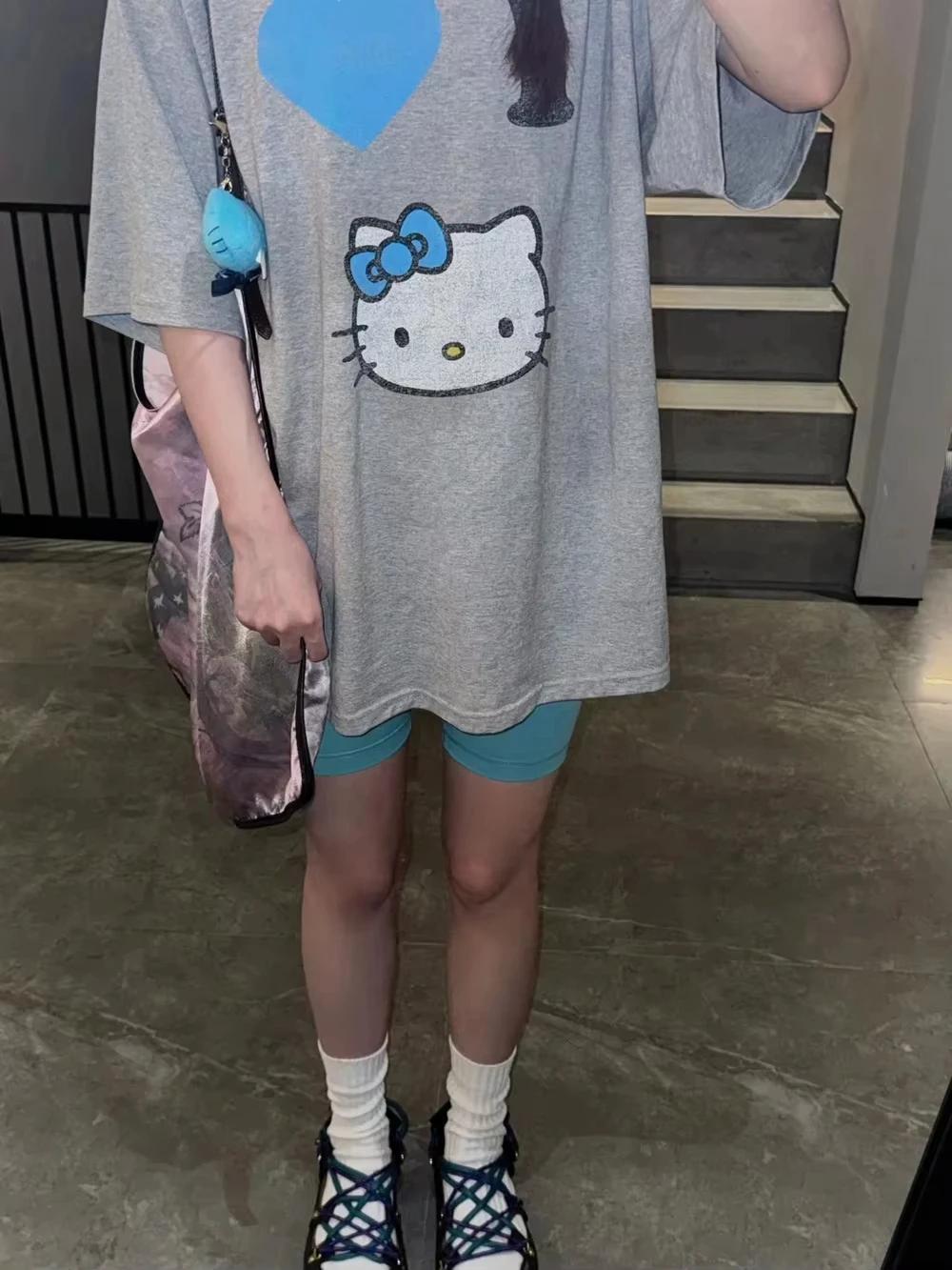 T-shirt Y2K Hello Kitty avec impression Anime, col rond ample, dessin animé original, à la mode, con