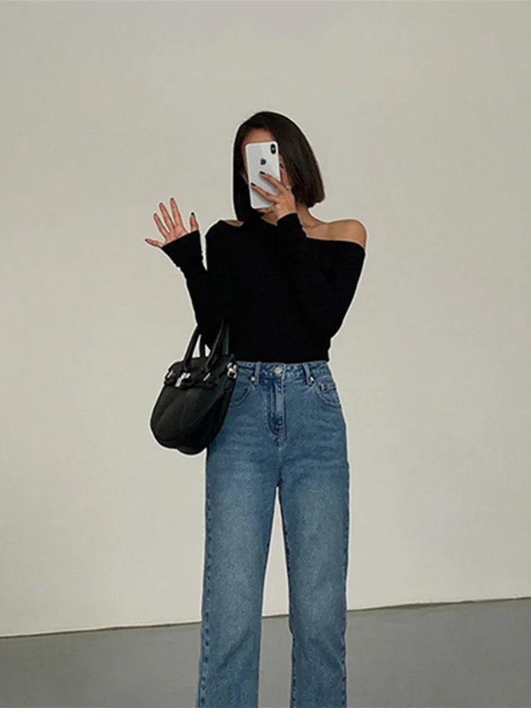 Mode col incliné épaules dénudées à manches longues T-shirts femmes printemps nouveau solide coupe a