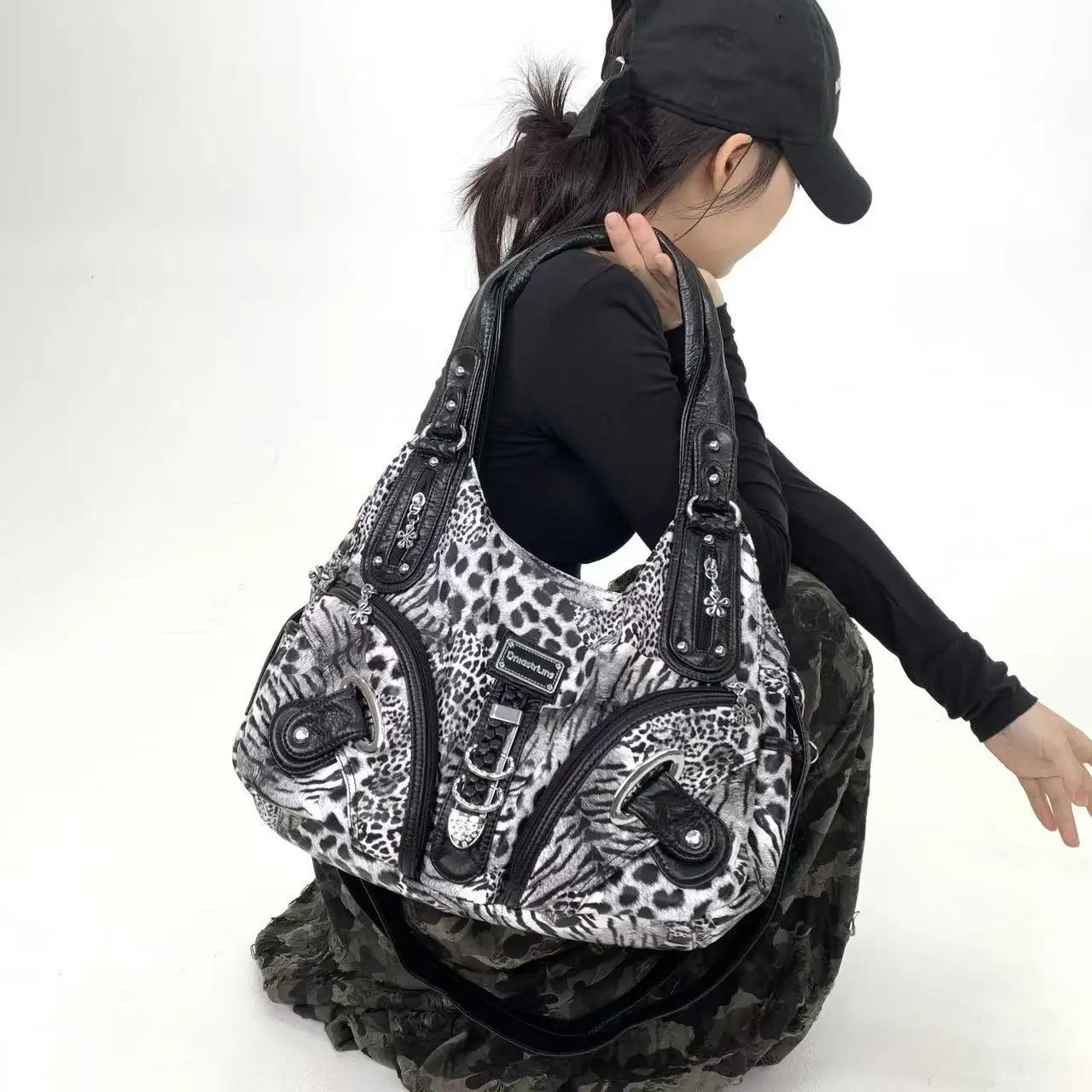 Y2K vintage hot girl personnalité sac à bandoulière imprimé léopard avec plusieurs compartiments, sa