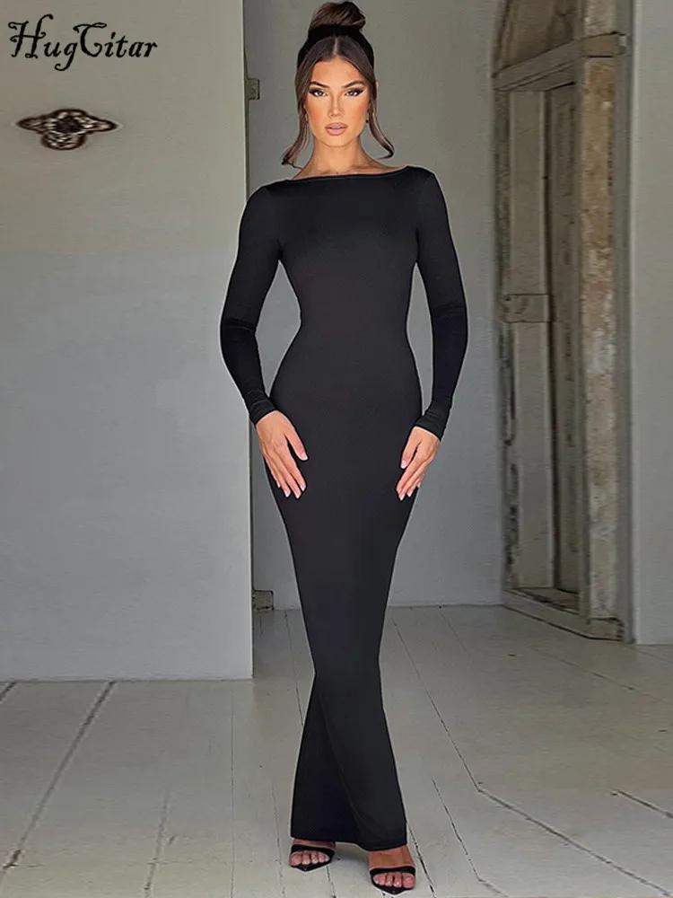 Hugcitar printemps élégant à manches longues dos nu solide froncé Sexy moulante Maxi robe de bal fem