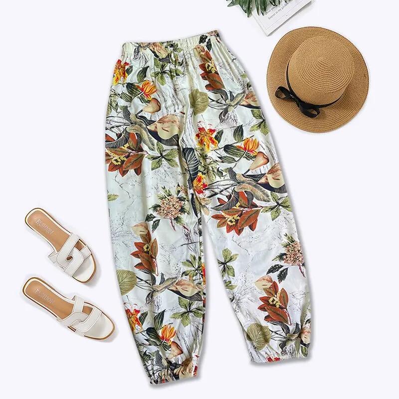 Pantalon de plage élastique pour femme, décontracté, confortable, pieds, sarouel, survêtement, été
