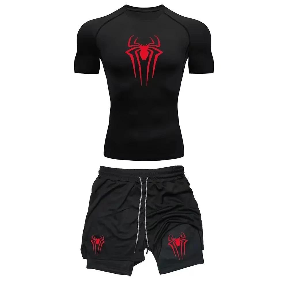 Ensemble de Compression d'entraînement pour hommes, t-shirt de gymnastique imprimé araignée Y2K, sho