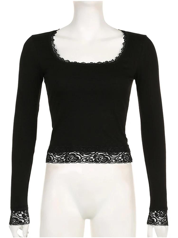 T-shirt manches longues pour femmes, Vintage, fée Grunge, garniture en dentelle, Slim, convient aux 