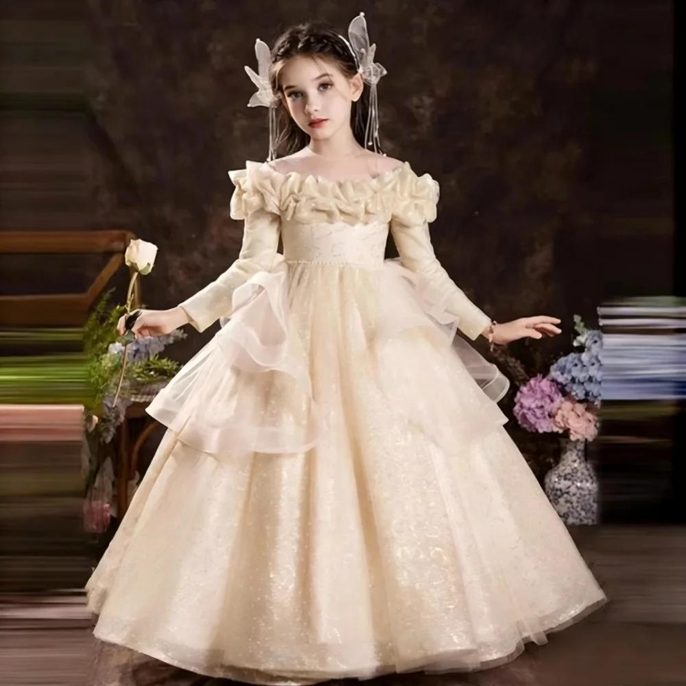 Robe de Cérémonie Fille 2026 – Robe Longue à Fleurs et Manches Longues pour Enfants, Idéale pour Hôt