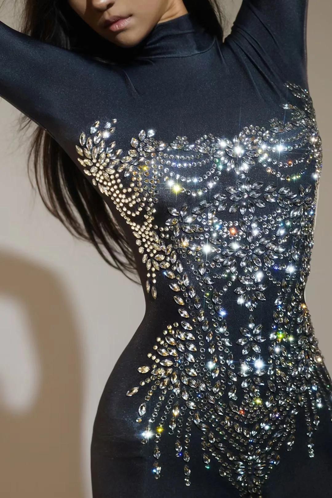 Combinaison extensible avec strass scintillants pour femmes, tenue de soirée Sexy pour Club, Drag Qu