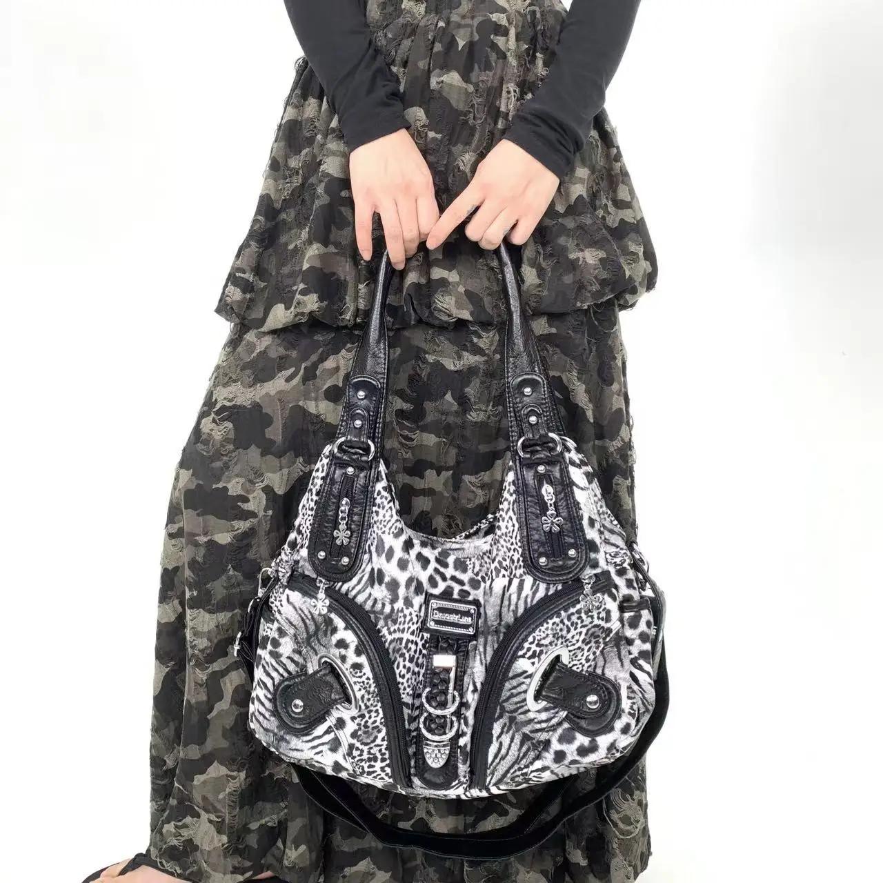 Y2K vintage hot girl personnalité sac à bandoulière imprimé léopard avec plusieurs compartiments, sa
