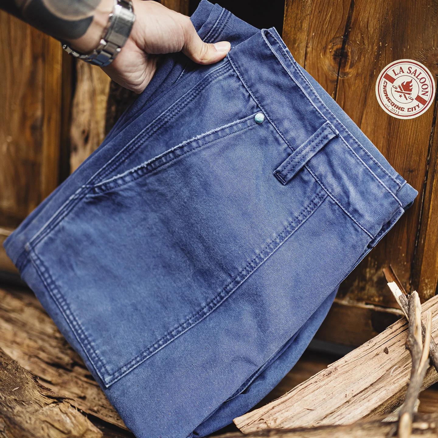 Maden – jean vintage en coton délavé pour hommes, pantalon de travail en toile bleue avec fermeture