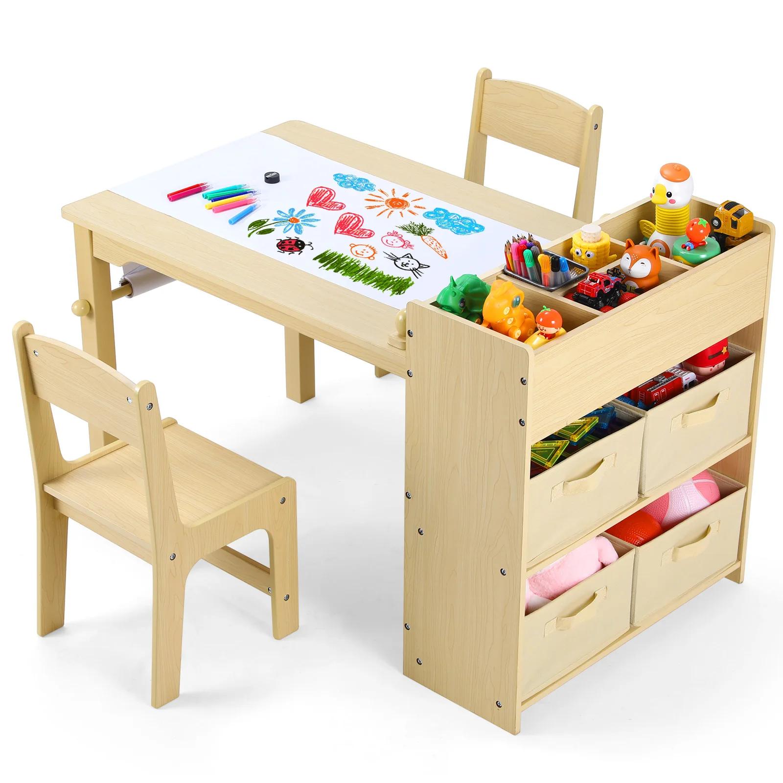 AOOU-Table d'Art et 2 Chaises pour Enfant, Bureau de Dessin Artisanal avec Grandes Étagères de Range