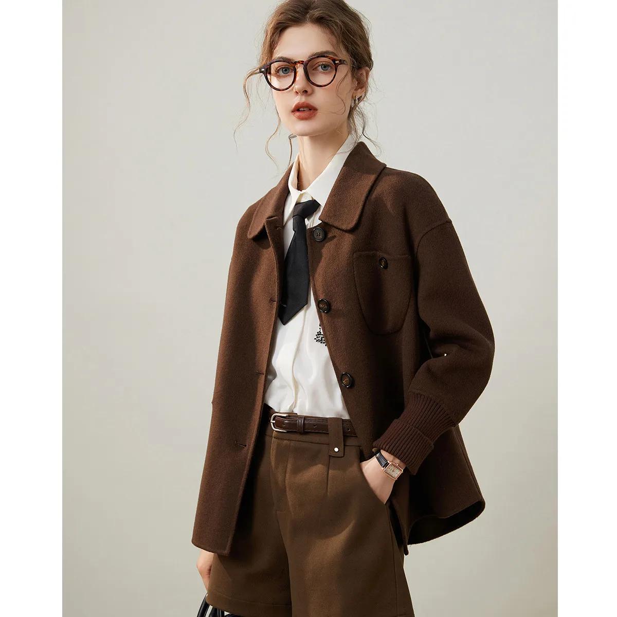 Modiis Yao-Manteau en laine double face pour femme, manteau en laine à manches longues, revers à la