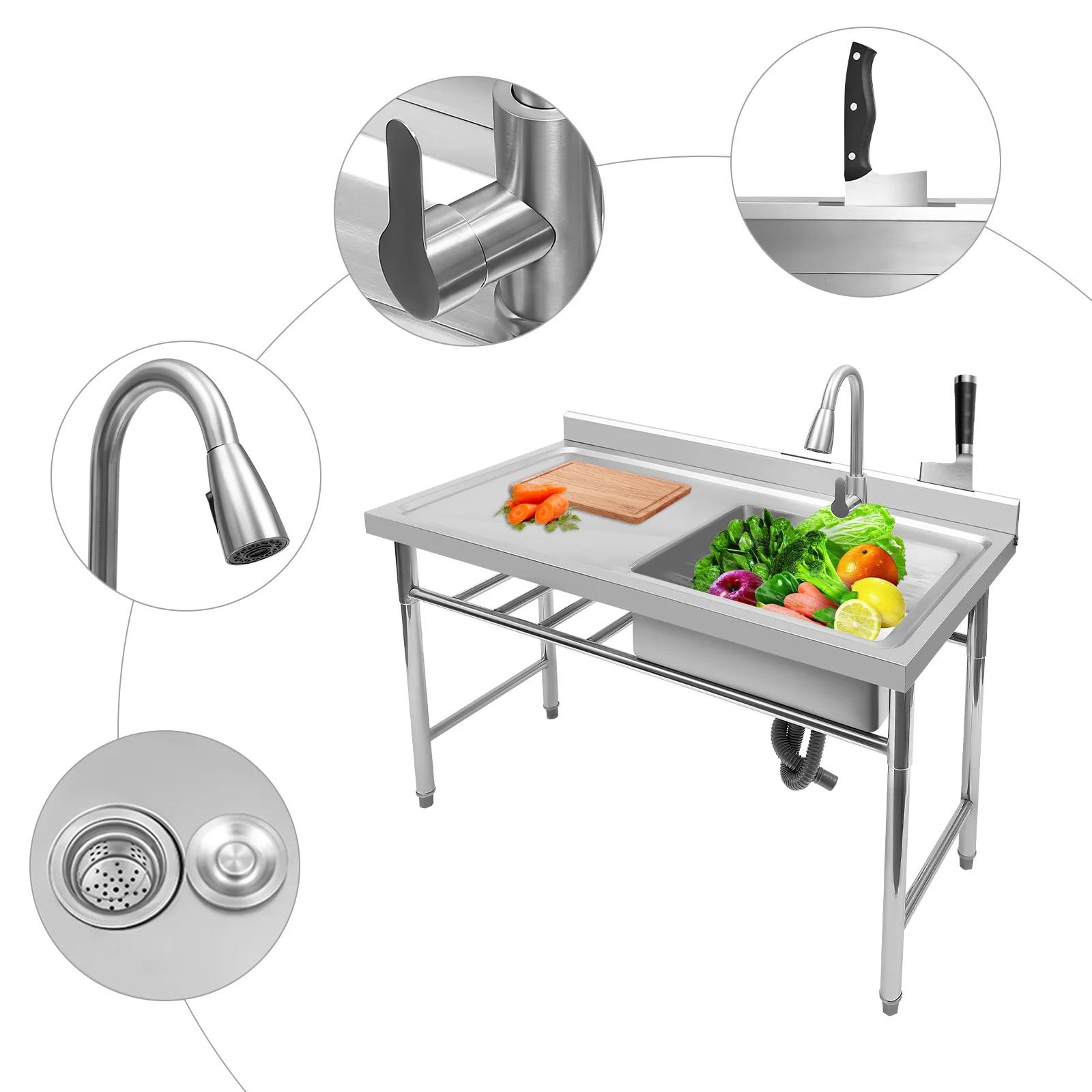 Évier de cuisine en acier inoxydable, 1 compartiment, vidange, utilitaire commercial