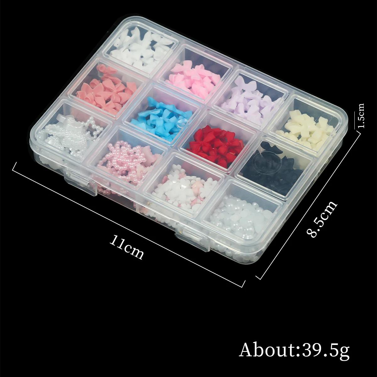 Boîte de 12/15 compartiments de décorations pour ongles en résine, nœuds papillon mixtes, breloques