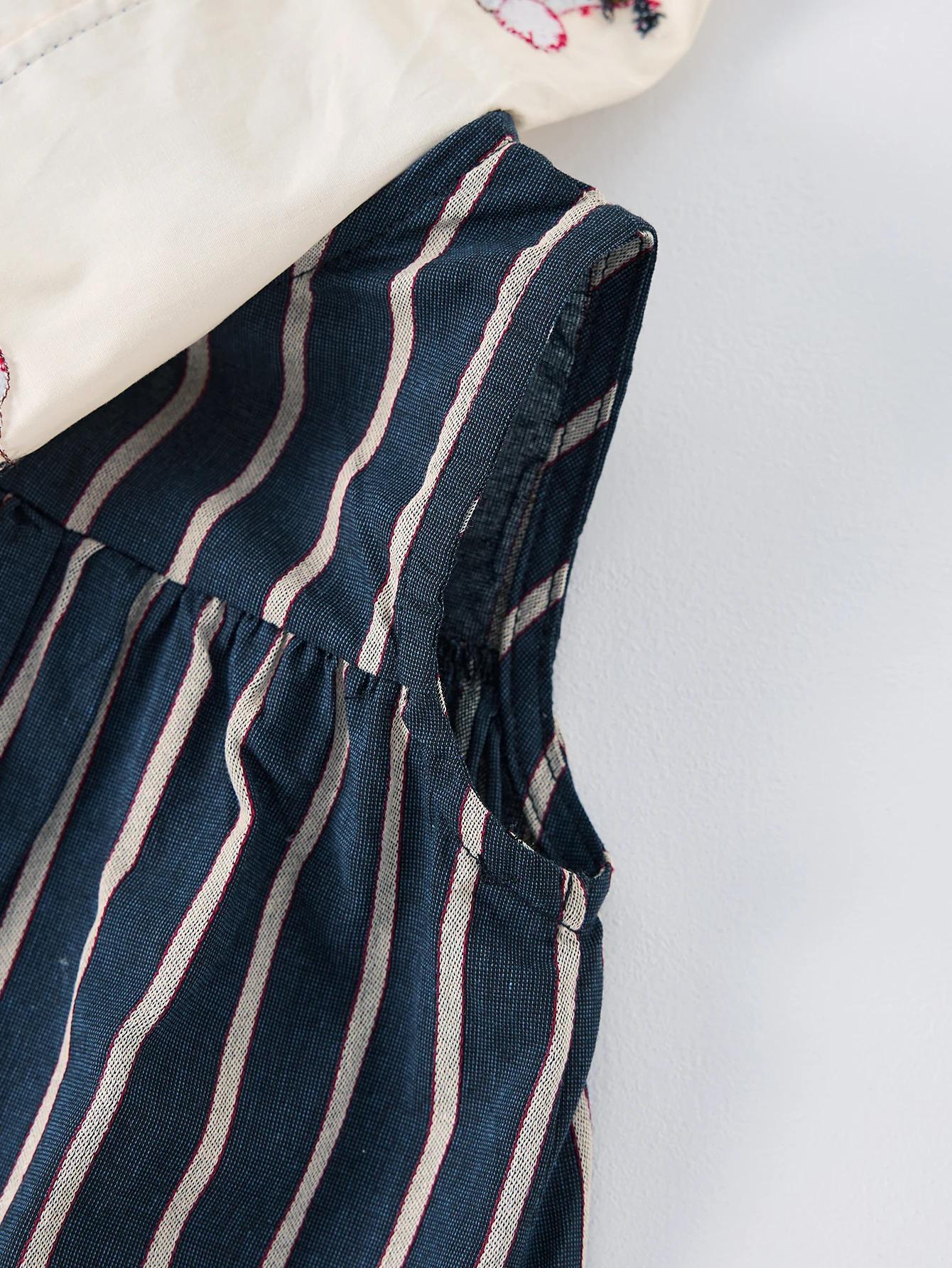 Robe d'été décontractée pour filles, jupe rayée à grand revers, sans manches, brodée