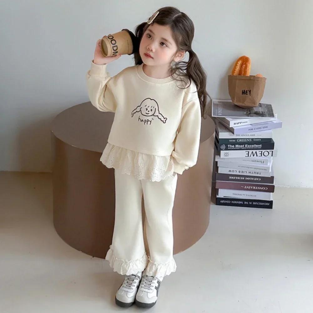 Vêtements unis pour filles, Version coréenne, épissure de dentelle, ensemble pour enfants, manches l