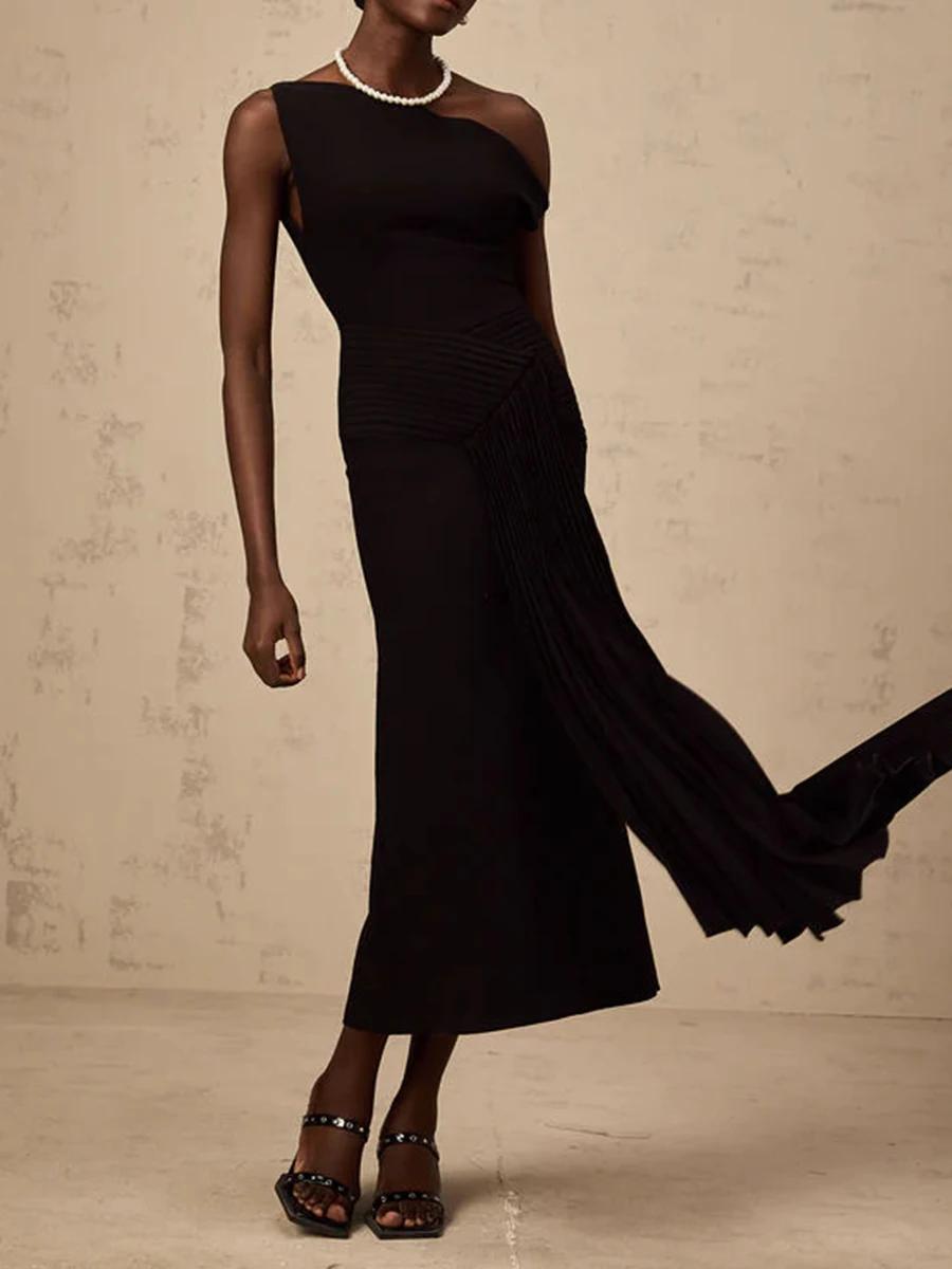 TWOTWINSTYLE – robe mi-longue élégante et amincissante pour femmes, couleur unie, col diagonal, épau