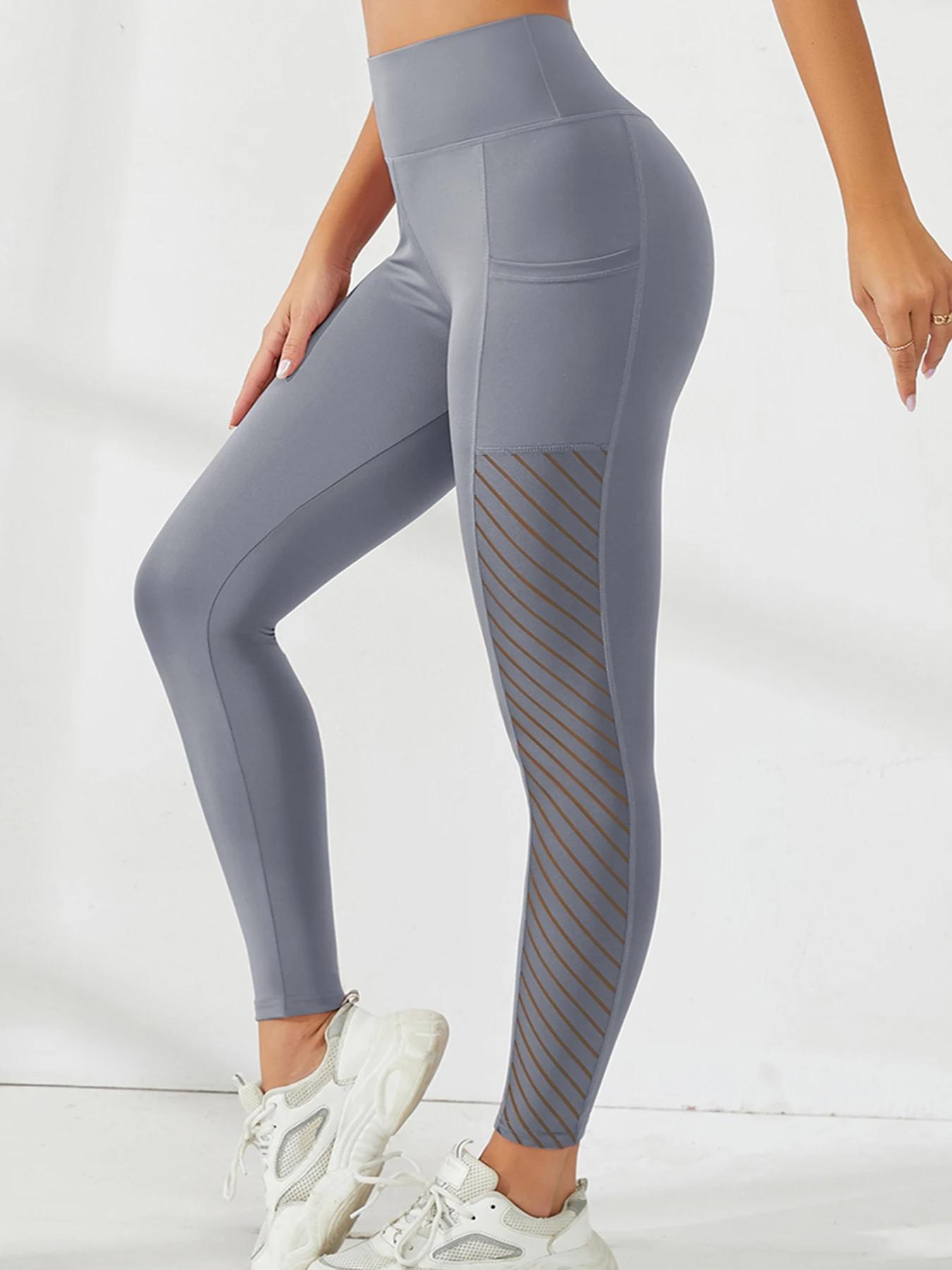 Pantalon de Yoga taille haute en maille latérale pour femmes, Leggings avec poches, contrôle du vent