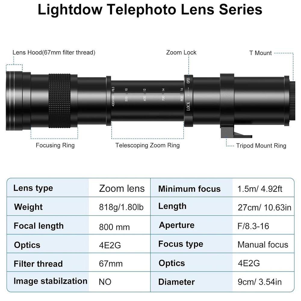 Lightdow 420-800mm F8.3-F16 Super téléobjectif à Zoom manuel avec anneau de montage en T pour object