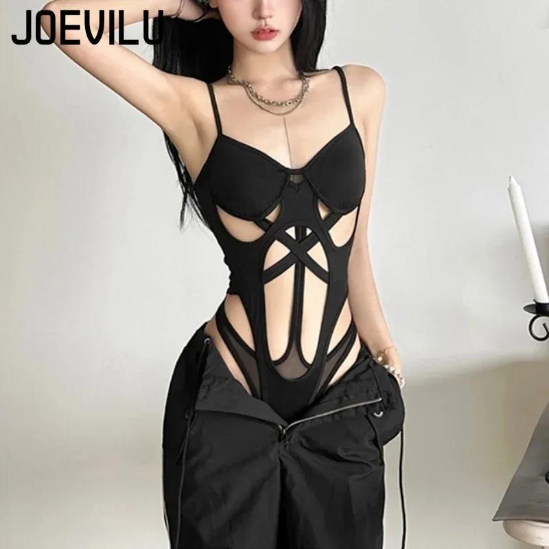 Body noir Y2K pour femmes, ajouré, Sexy, hauts sans manche, bretelles Spaghetti, Streetwear, combina