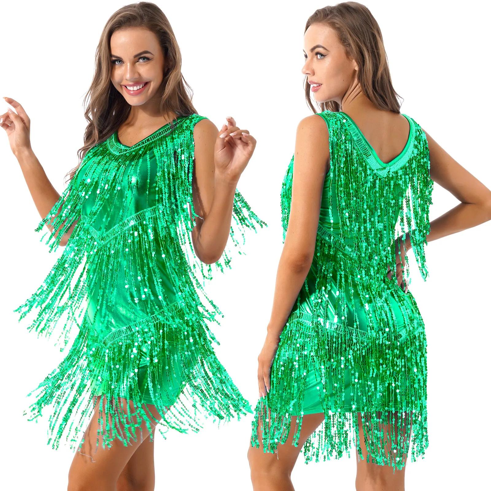 Robe de phtaline col V femme - Costume danse Cha Cha latine samba tango paillettes glands