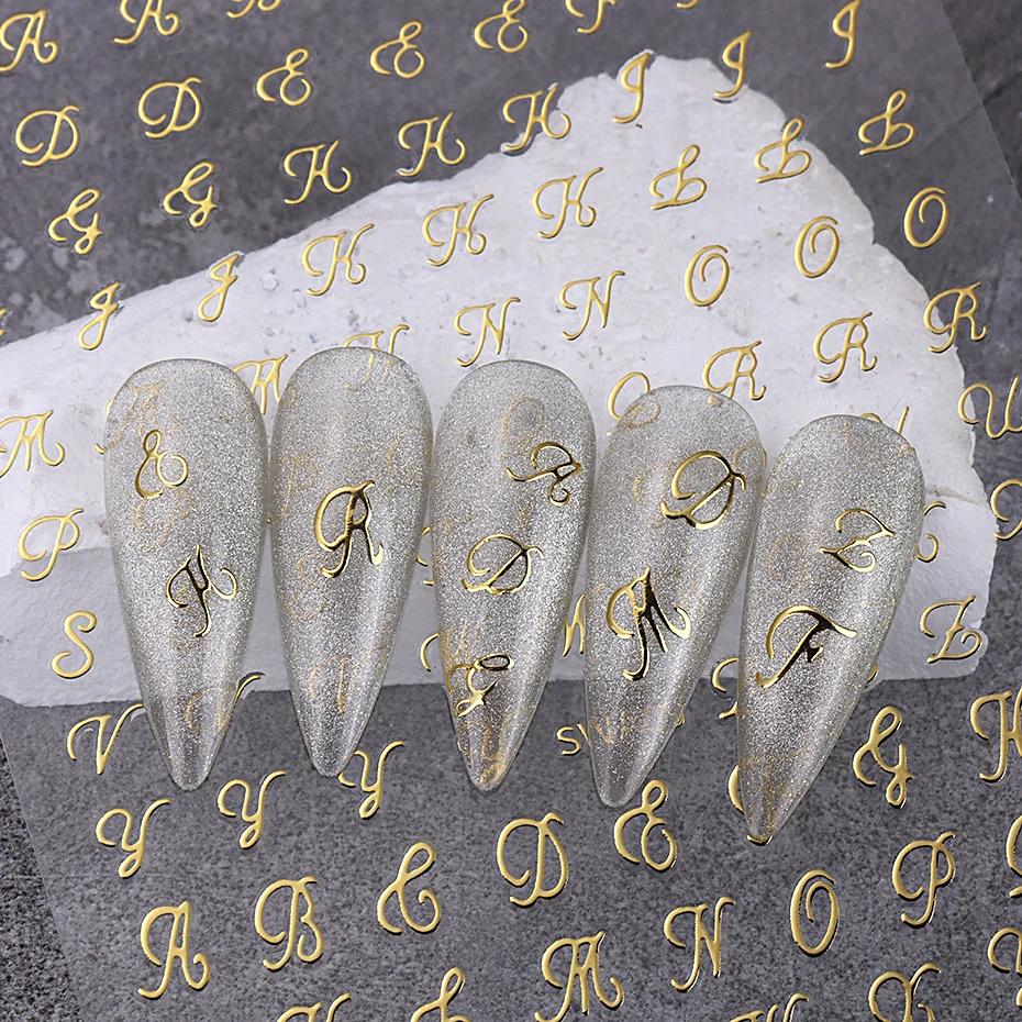Autocollants pour ongles avec lettres romaines, 4 pièces, doré, argent, noir, blanc, Design Alphabet