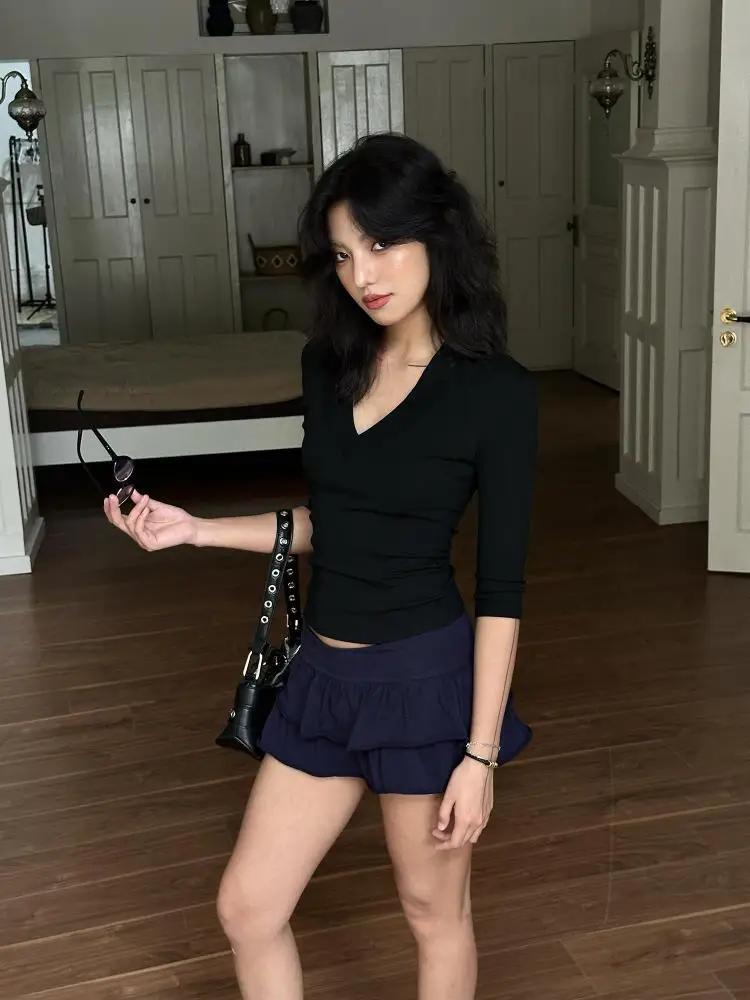 Yedinas col en v Streetwear noir T-shirt femmes vêtements demi manches mode coréenne mince été hauts