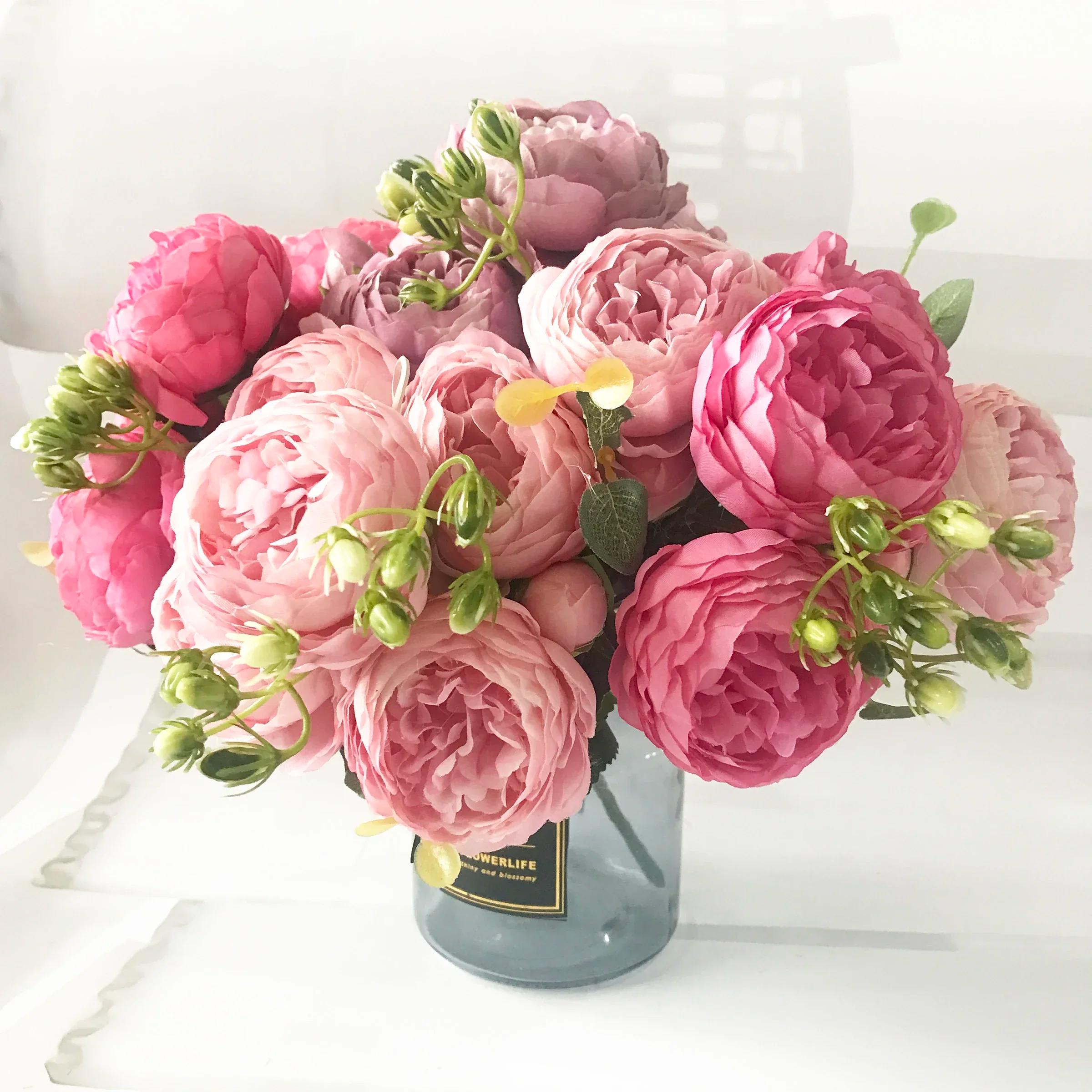 Bouquet de fleurs artificielles pivoine en soie Rose 30cm, 5 grandes têtes et 4 bourgeons, fausses f