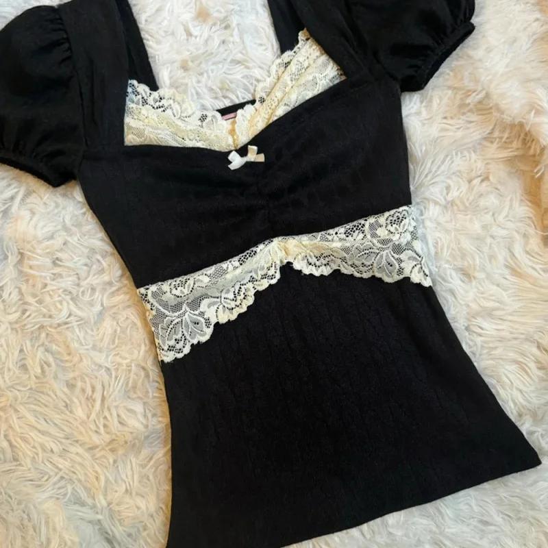 Hauts Y2K Grunge à manches courtes pour femmes, chemise estivale en dentelle patchwork, style coquet