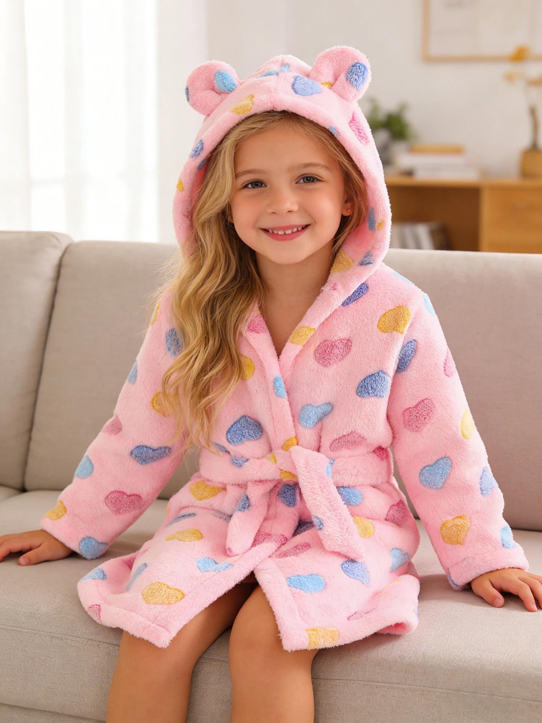 Peignoir pour filles, automne/hiver, manches longues et capuche, tissu doux et chaud pour porter à l