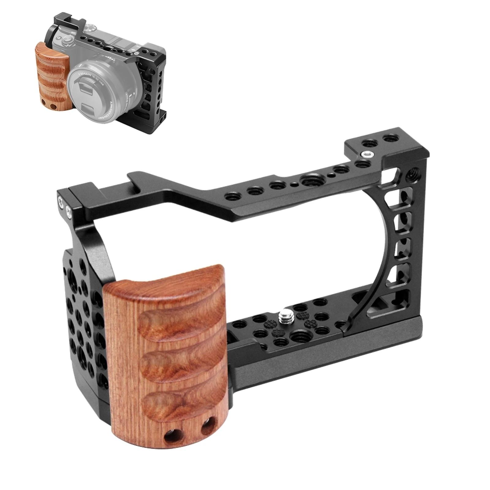 Pour Sony A6400 / A6300 / A6100 / A6000 PULUZ poignée en bois Cage de caméra en métal plate-forme st