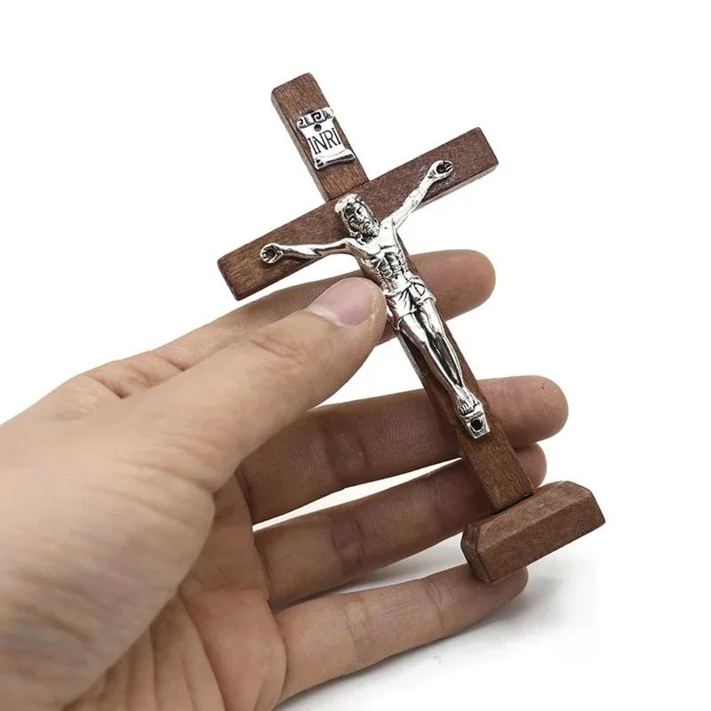 Croix de jésus catholique en bois avec support, Vintage, religieux, chrétien, Crucifix sur pied, éta