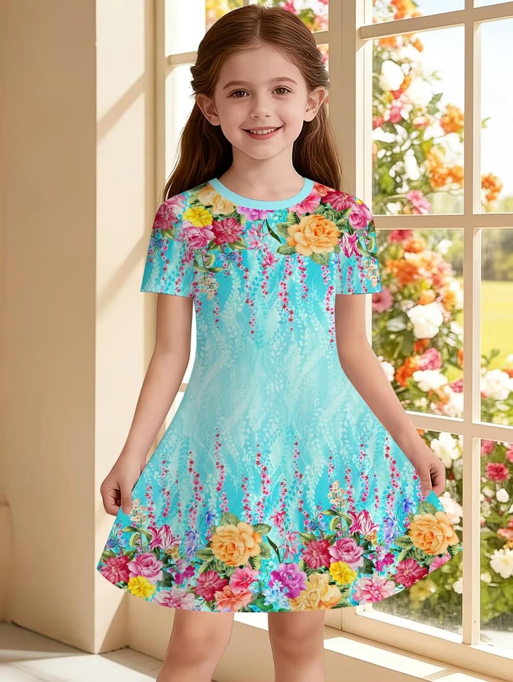 Robes pour filles, robe à manches courtes avec imprimé floral coloré, robe de princesse pour vacance