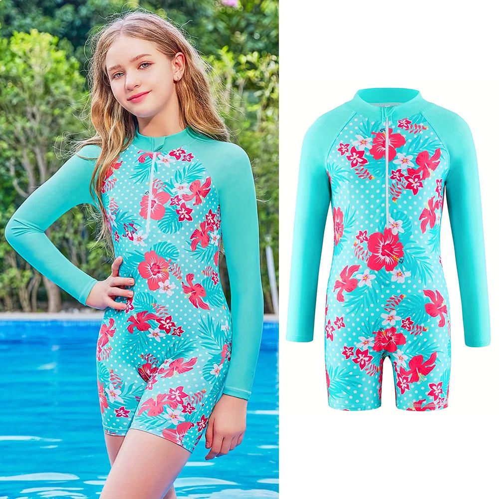 Maillot de bain une pièce à manches longues pour filles mignonnes, imprimé Floral, vêtements d'été p