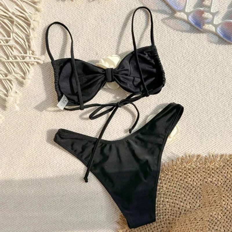 Sexy fleur maillot de bain bandeau string Bikini femmes à lacets maillots de bain natation maillot d