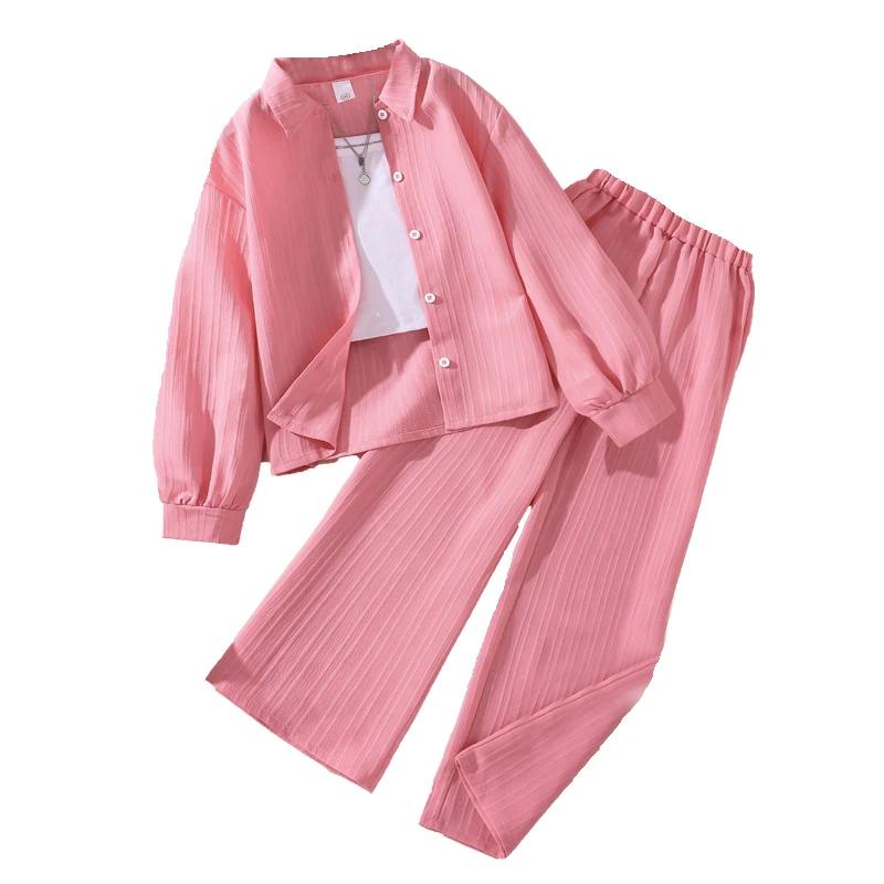 Ensembles pour filles de 4 à 16 ans, chemise, manteau à manches longues + pantalon Long ample et déc