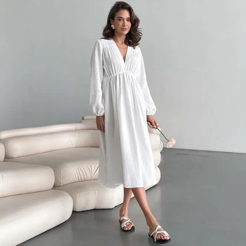 Robes élégantes en mousseline de coton pour femmes, manches longues, col en V, décontracté, fête, va