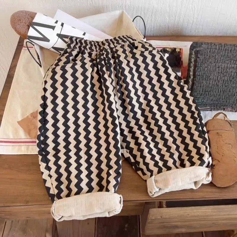Nouveau pantalon large à rayures zigzag pour enfants, taille élastique, avec poches, pour garçons et