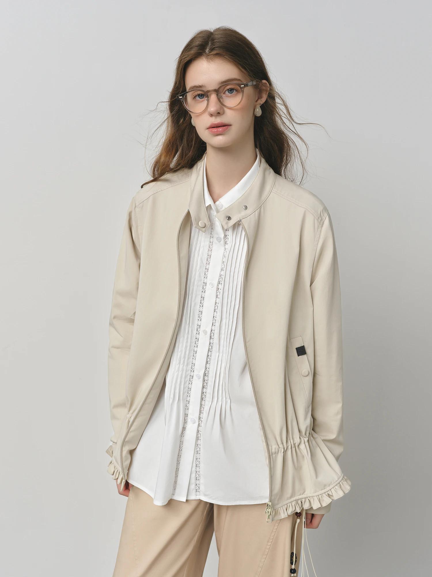 FSLE 2025 nouvelles femmes épaule droite col montant veste 2025 automne Style coréen cordon doux fle