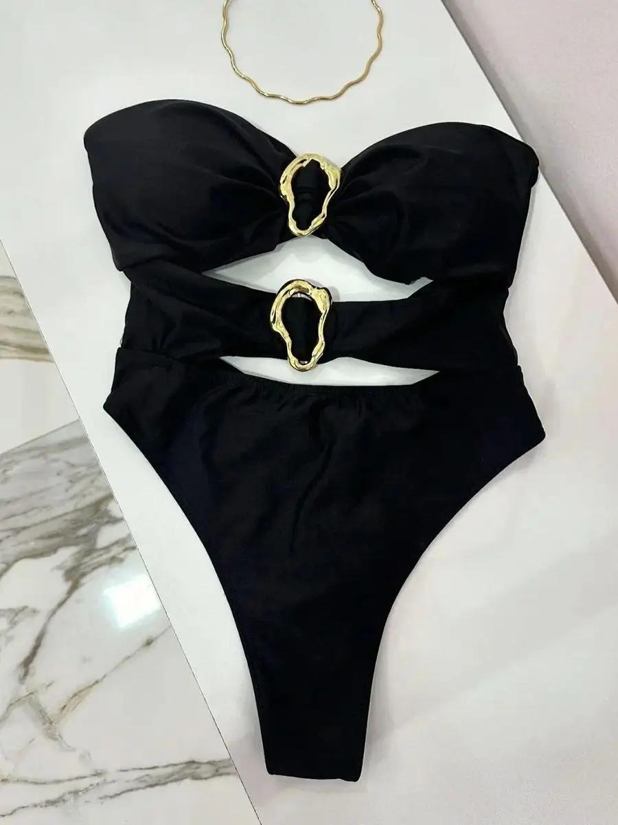 3 couleurs Sexy anneaux en métal découpé femmes maillots de bain une pièce maillot de bain femme Ban