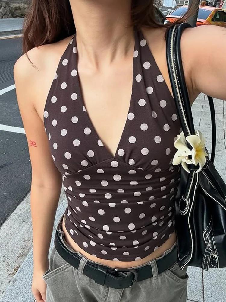 Gilet imprimé chat étrange à pois pour femmes, Y2K, dos nu, col en v, slim, tendance d'été, quotidie