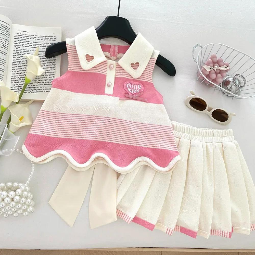 Vêtements roses pour filles de 2 à 9 ans, T-shirt rayé imprimé amour + jupe plissée, ensemble 2 pièc