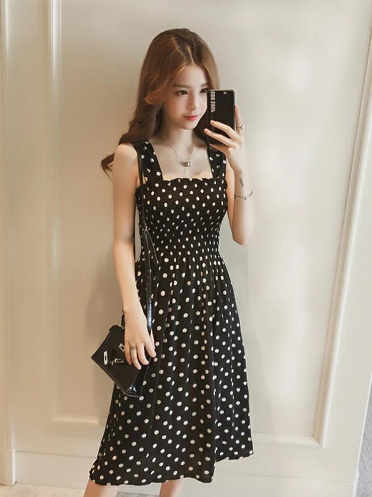 Robe longue d'été décontractée à pois vintage avec volants, élégante, en soie, à bretelles, taille 5