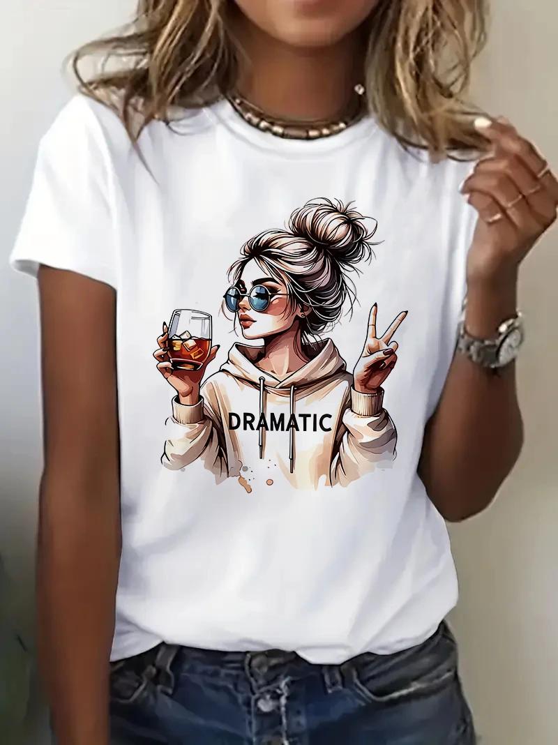 Streetwear années 90 femmes T-Shirt graphique décontracté "Dramatic" imprimé avec imprimé vin T-Shir