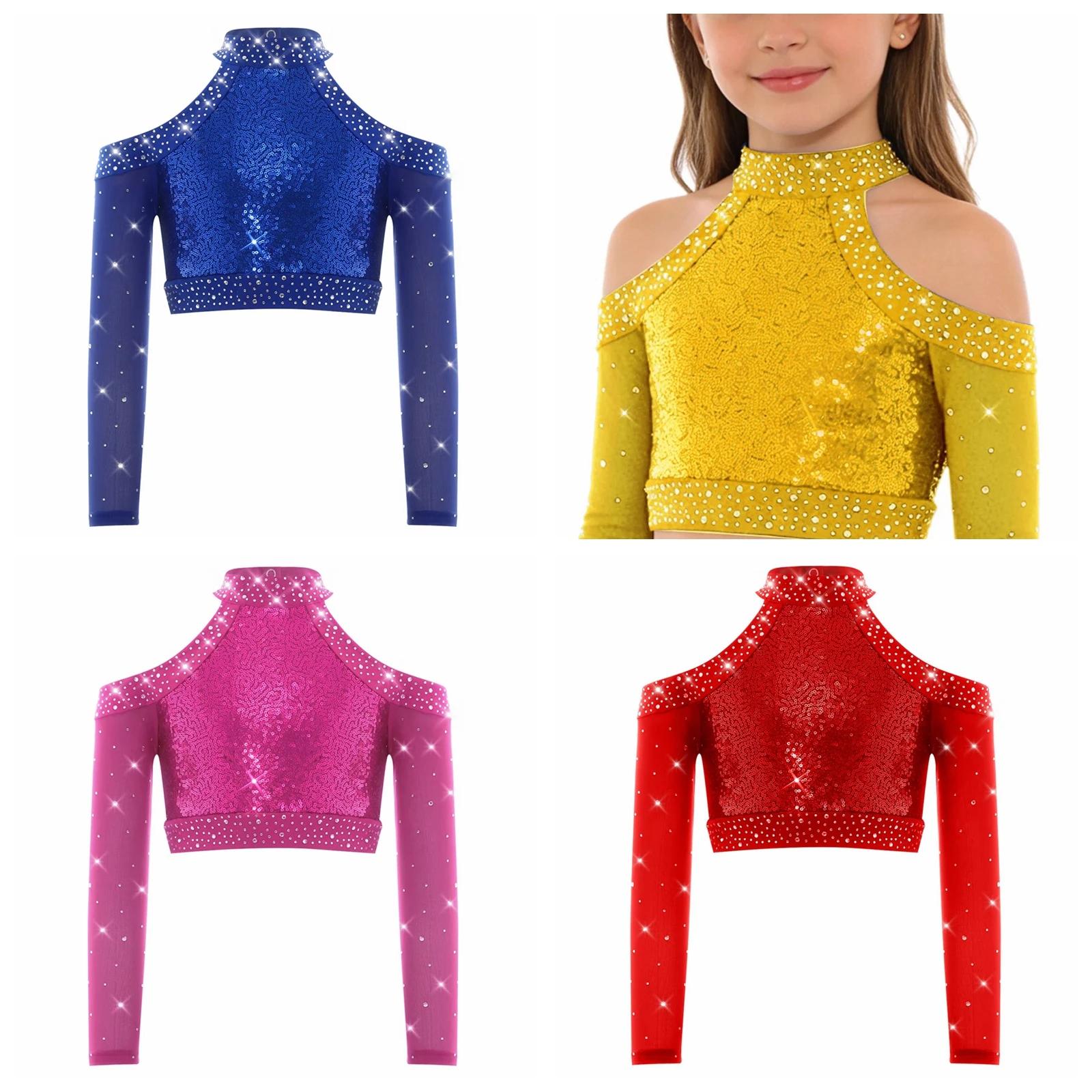 T-shirts pour enfants tendance, streetwear, hauts à paillettes brillantes, costumes de danse jazz et