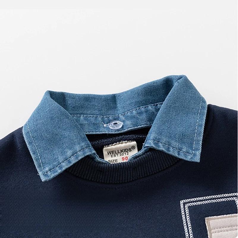 Sweat-shirt pour enfants printemps, pull en molleton à col en jean pour garçons avec poche plaquée, 